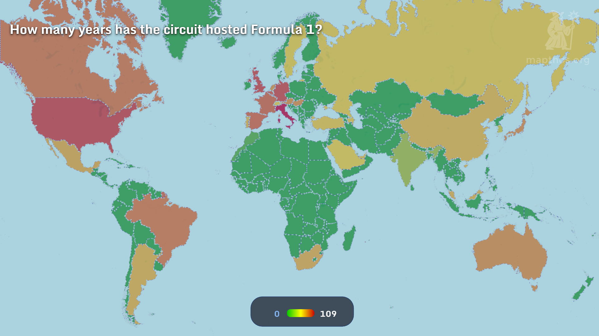 World map of Formula 1 hosting years
